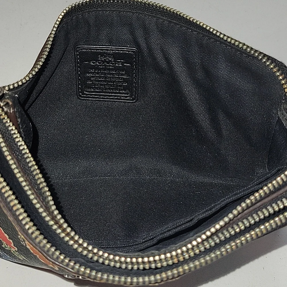 Coach Black Floral Leather Zip Wristlet